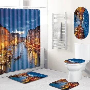 

Night View Bathroom Shower Curtain Mat Non-Slip Absorbent Carpet Mats Five-Piece Set