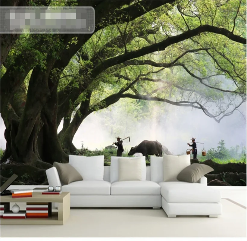 Big tree spring rain fog spring plowing TV background wall-customized wallpaper 8D waterproof wall covering