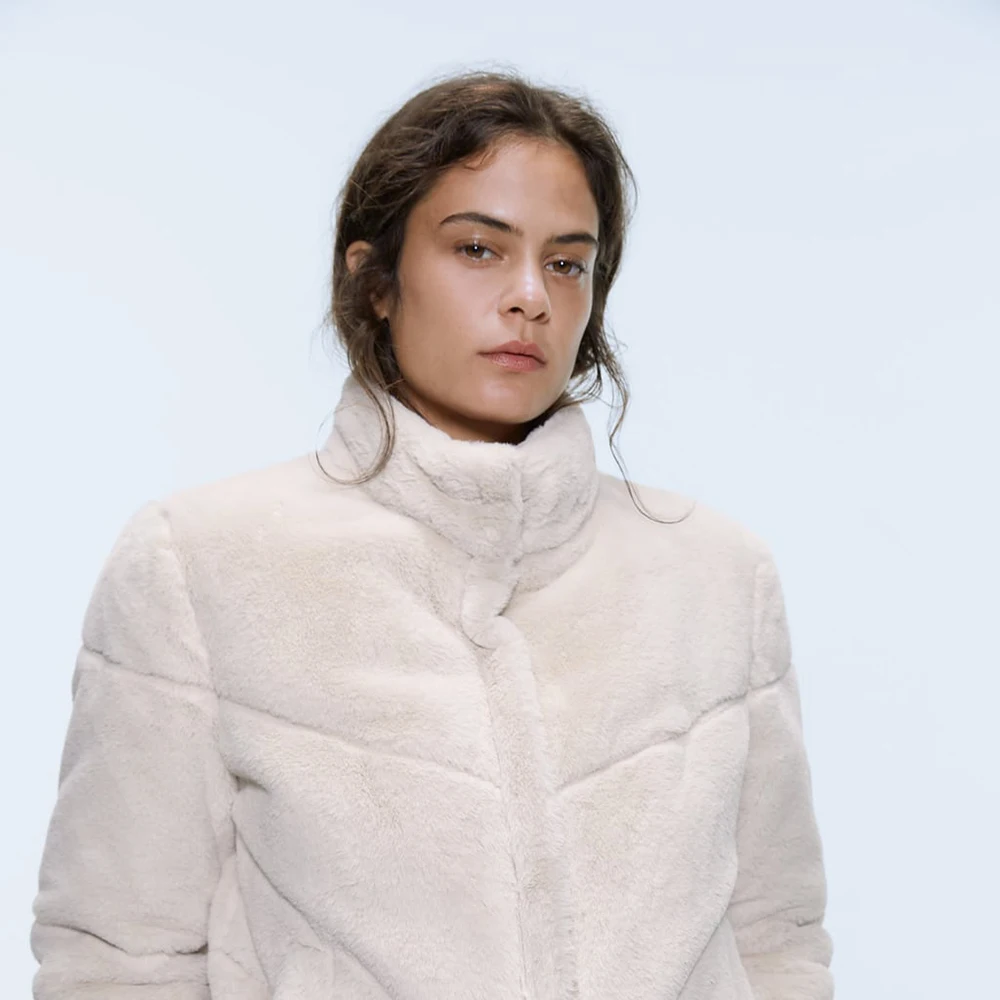 

2019 ZA Solid Color Fur Effect Coat for Women Stand Collar Long Sleeve Pocket Dark Zip Closure Autumn Winter Coat Wholesale