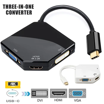 

USB-C to HDMI VGA DVI Multiport Adapter Type-C HDMI 4K 3-in-1 Multifunction Cable Converter H-best