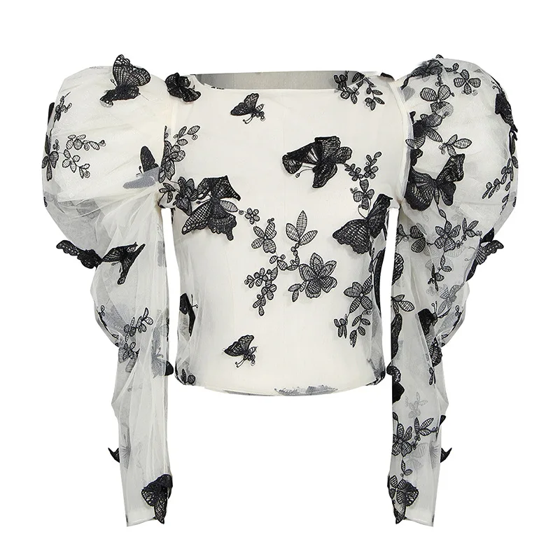 

2020 New Black Shirt Heavy Wire Mesh Butterfly Embroidered Lantern Sleeve Perspective Long Sleeves Thin Lining Shirt Women
