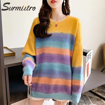 

SURMIITRO Korean Rainbow Oversized Knitted Warm Winter Sweater Women 2020 Long Sleeve Jumper Tricot Pullover Female Knitwear