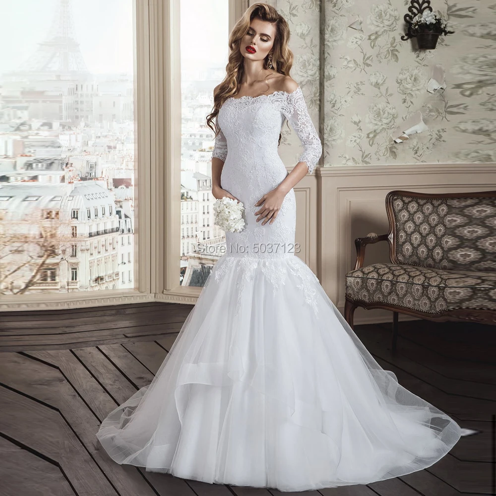 Uit de Schouder Mermaid Trouwjurken Kant Applicaties Drie Kwart Lace Up Bruidsjurken 2019 Vestido De Noiva Custom Made Uit de Schouder Mermaid Trouwjurken Kant Applicaties Drie Kwart Lace Up Bruidsjurken 2019 Vestido De Noiva Custom Made