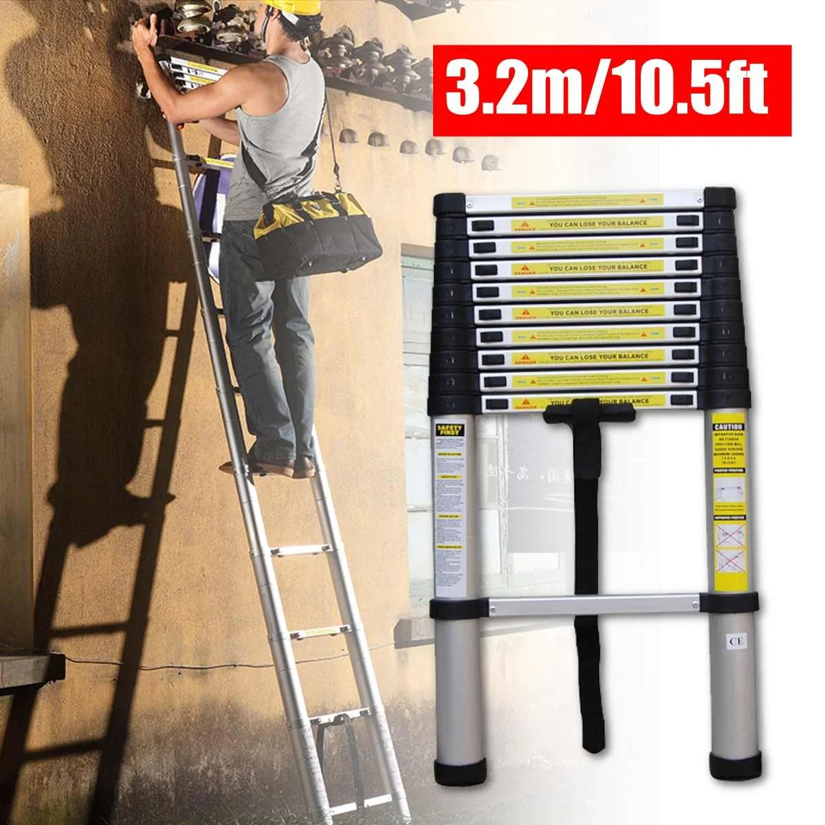 

3.2m 10.5ft Aluminum Multi-Purpose Extention Ladder Telescopic Stepladders Lightweight Portable Household outdoor 330lbs