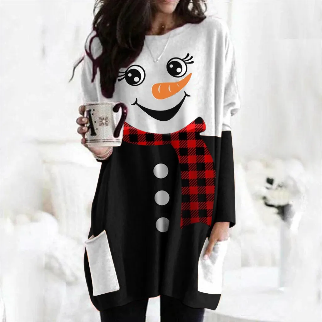 Plus Size Woman Dress Long Sleeve Christmas Printed O-Neck Loose Party Fashion Winter Fall Dresses For Women NEW | Женская одежда