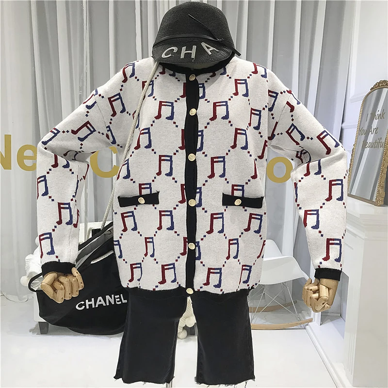 

Womens Sweaters 2019 Winter Music Symbol High Street O-Neck Single Breasted Cardigans Loose Fall Autumn Korean Sweater tops