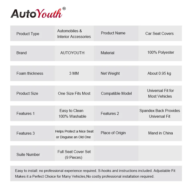 Чехлы Для Автомобильных Сидений AUTOYOUTH Универсальный Цвет Синий Красный Зелёный 9