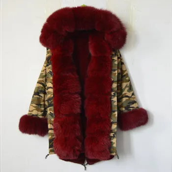 

Camouflage Parka For Women Red Wine Color Fox Fur Lining Coat Warm In Winter Elegent Lady Long Style Casual S-4XL