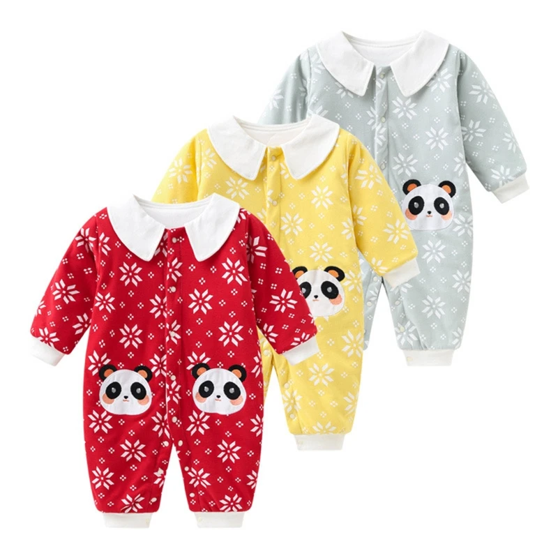 

Newborn Baby Cute Panda Snowflake Pattern Long Sleeves Jumpsuit Single-breasted Autumn Winter Warm Toddler Romper for Girls Boys
