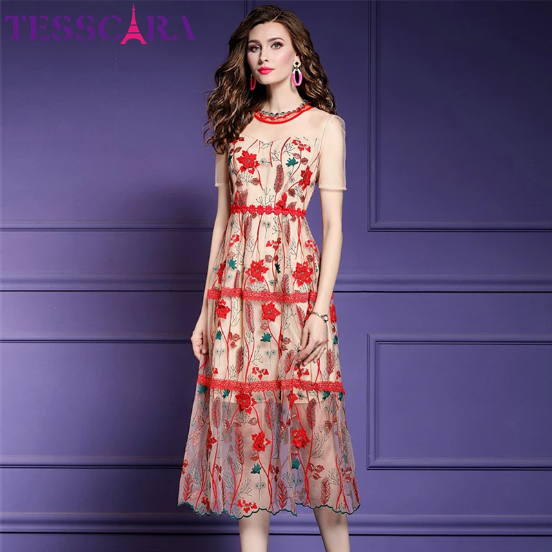 TESSCARA роскошное Сетчатое платье с вышивкой высокое качество женское цветочное дизайнерское свадебное праздничное платье Femme элегантное даже Parti Vestidos
