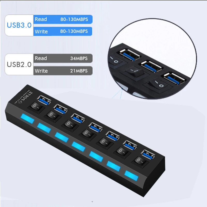 USB 3,0 концентратор 4/7 порт несколько USB концентратор высокая скорость 5 Гбит/с вкл/выкл. Переключатель USB сплиттер с адаптером питания usb 3 концентратор для ПК ноутбука