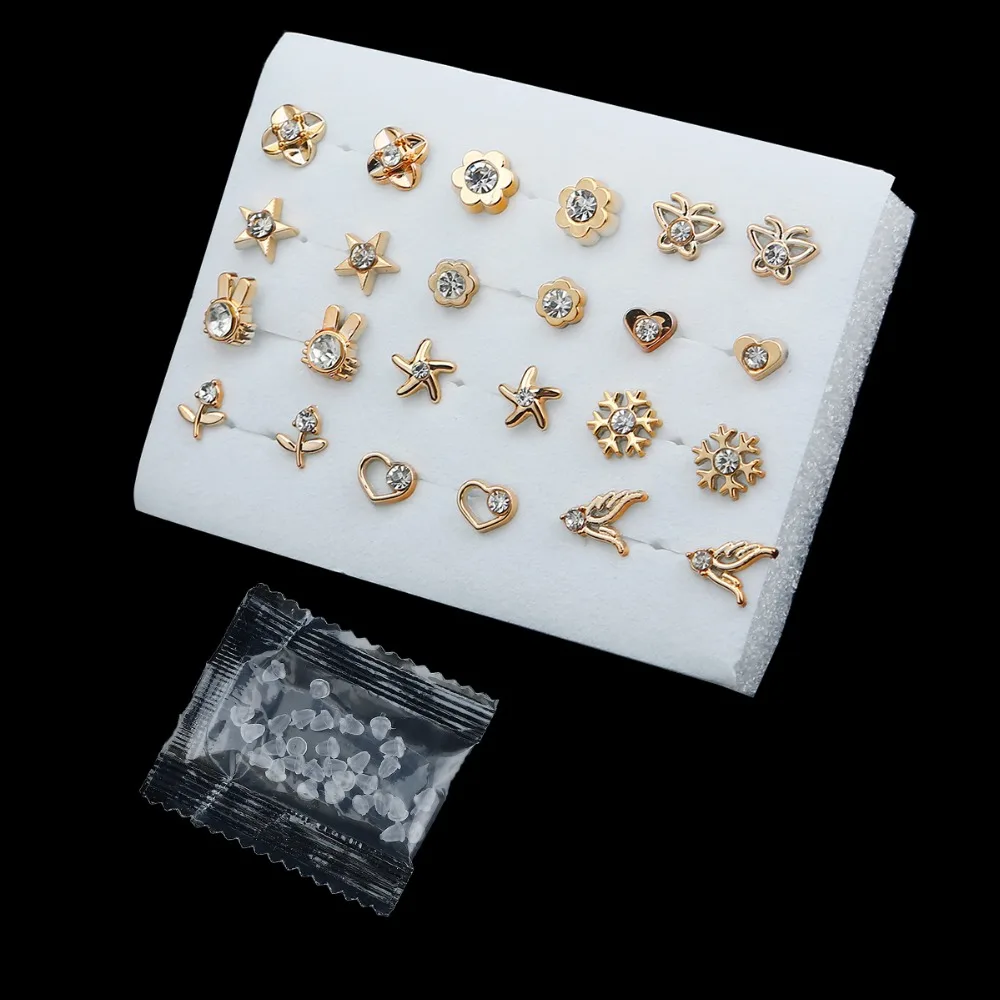 12 paare Nach Dem Zufall Gold Silber Farbe Frauen Kleine Kunststoff Stud Ohrringe Sets Für Mädchen Bowknot Blume Herz Stern Broncos Schmuck – Detail 5