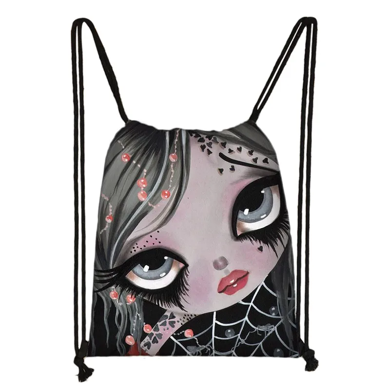 Gothic Cartoon Girl Drawstring Bag Women Casual Backpack Girl Shoulder Bags For Travel Ladies Portable Storage Bag Shoes Holder 