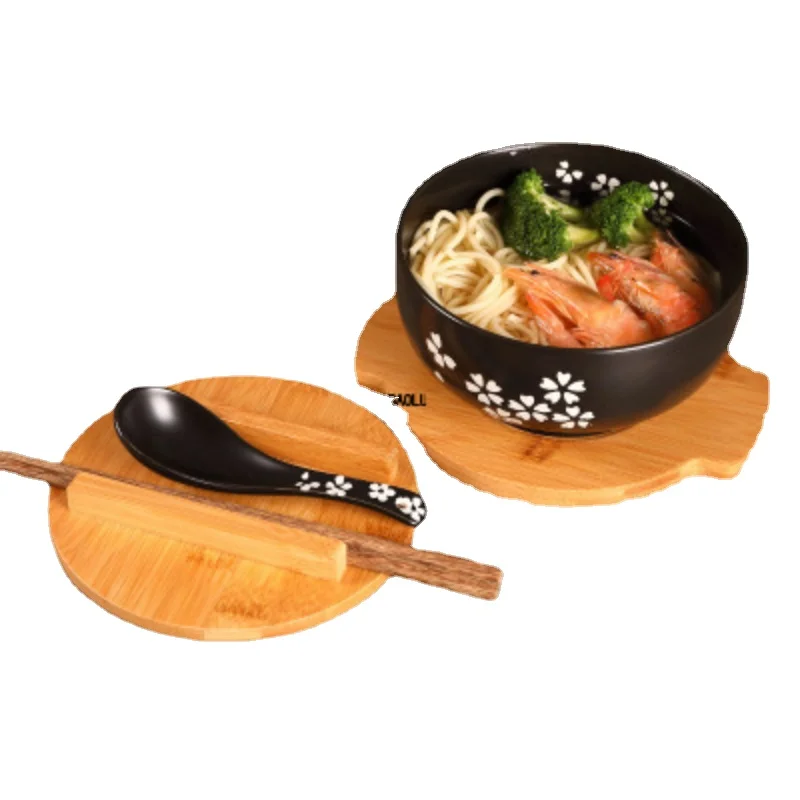 Japanese Style Rice Noodle Bowl with Lid Spoon and Chopstick Kitchen Tableware Ceramic Salad Soup Bowl Food Container Dinnerware