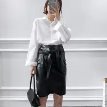 Женская Сексуальная Прямая кожаная юбка с высокой талией, элегантная однотонная тонкая юбка из искусственной кожи с бантом, облегающие Юбки До Колена