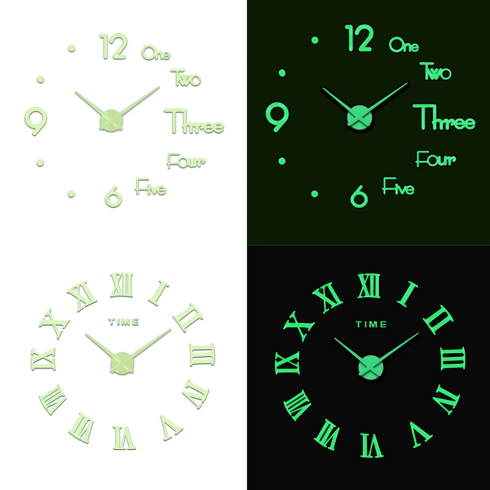 Luminous Wall Clocks Large 3D DIY Clock Acrylic Mirror Wall Stickers Living Room Quartz Needle Horloge Home Decor Reloj de Pared 9