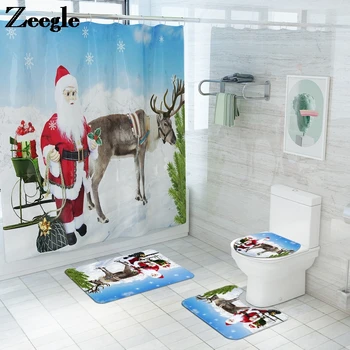 

Christmas Bath Mat and Shower Curtain Set Absorbent Toilet Seat Cover Mat Cartoon Bathroom Mat and Flannel Rugs