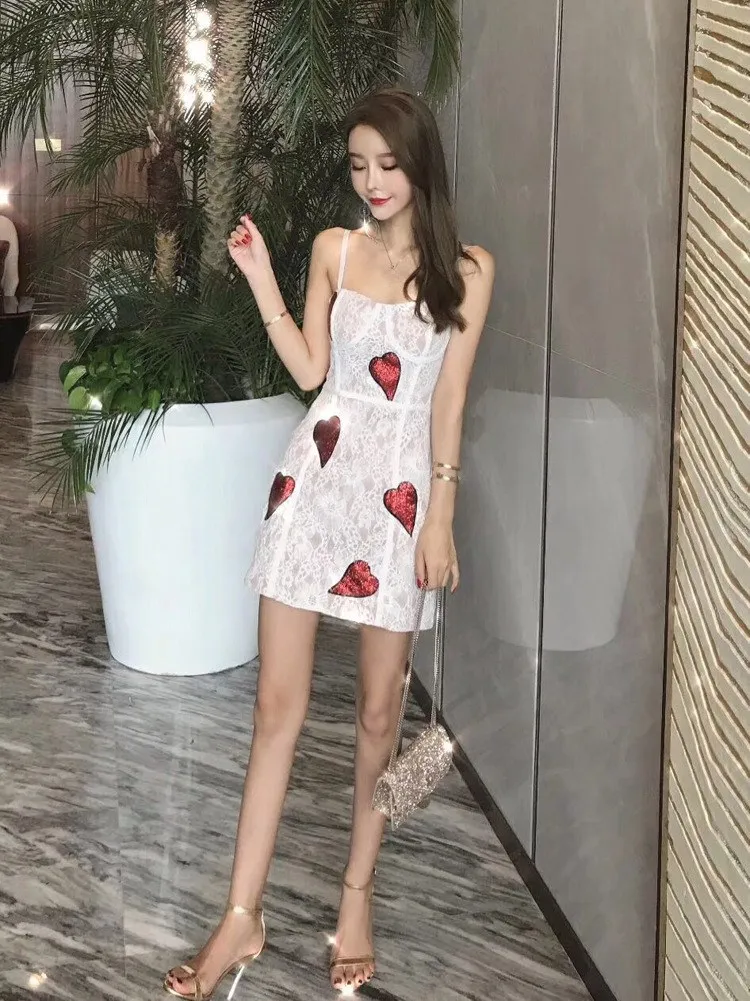 

Fashion Women Sexy Backless Lace Dress Straight Elegant Heart Sequins Mini Dresses Fashion Strapless Spaghetti Strap Dresses