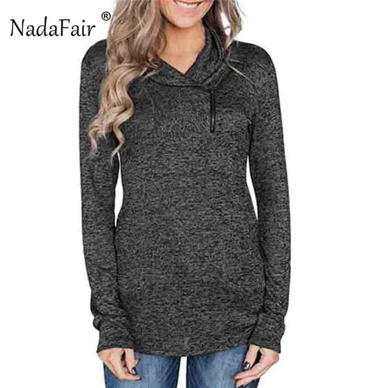  Nadafair Zipper Turtleneck Sweatshirt Women Casual Black Gray Winter Hoodies Skinny Pullover Hoodie