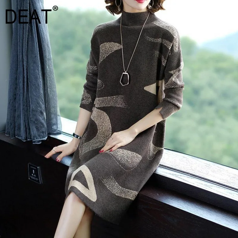 

[DEAT] 2019 Autumn Fashion Trend New Pattern Elastic Loose Elegant All Match Printed Stand Neck Knitted Women's The Dress AI817