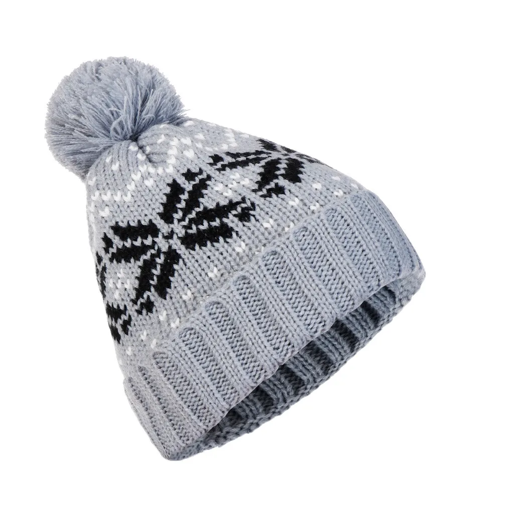 

Women Men Winter Hat pompom Beanie шапка бини muts bonnet כובעים Wool Knit Cap Snowflake Pattern Winter Thick Warm Ski Hat #H