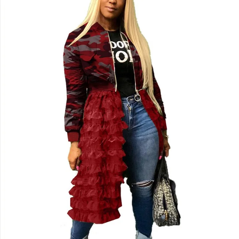 

2019 fashion ruffles spliced long women jackets camouflage print full sleeve zipper coat high street new popular jackets DL072