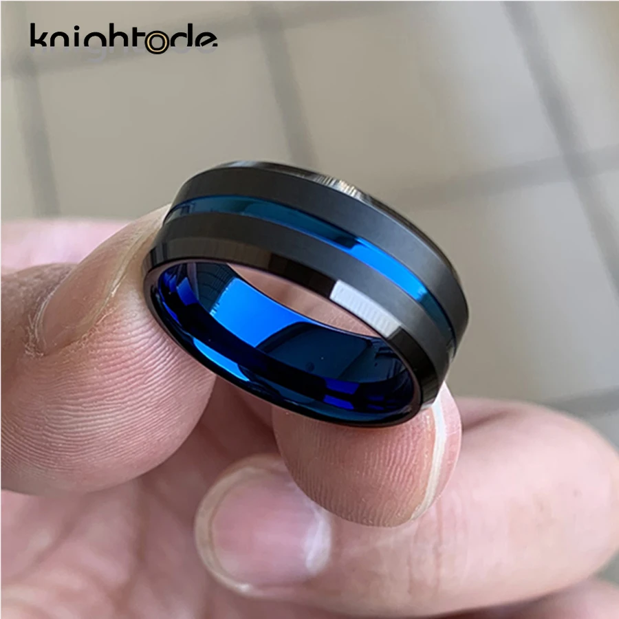 8mm Blue Wedding Ring Men Women Black Tungsten Carbide Engagement Rings Satin Grooved Beveled Comfort Fit