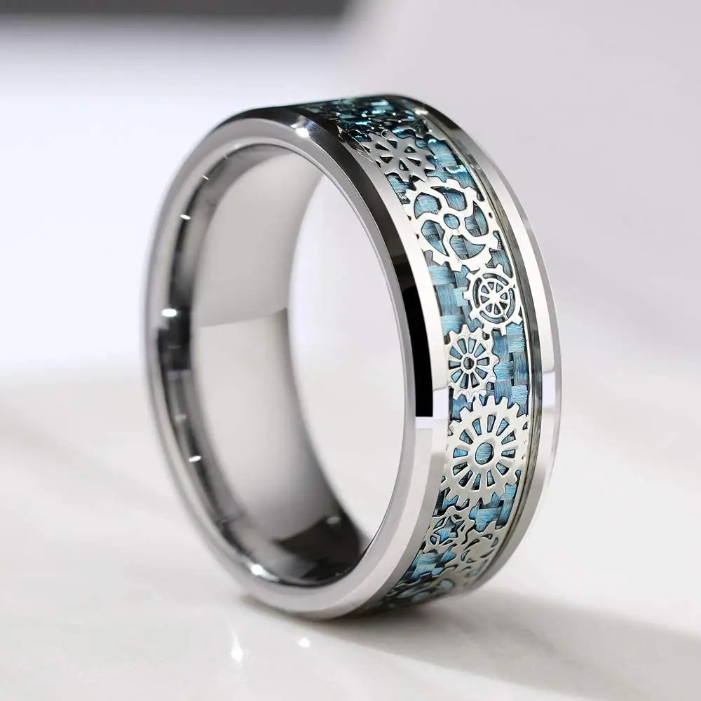 Mens Steampunk Gear Wheel Stainless Steel Ring Dragon Inlay Light Blue Carbon Fiber Ring Gothic Mens Wedding Band Size 6-13