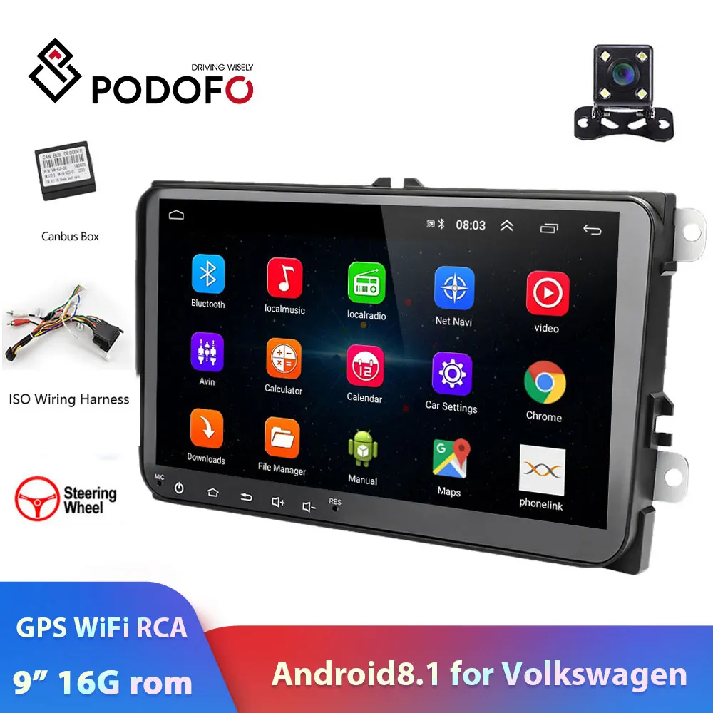 Podofo 2din автомобильный Радио Android 8,1 мультимедийный плеер gps навигация wifi RCA стерео для Фольксваген Гольф Шкода сиденье авто радио