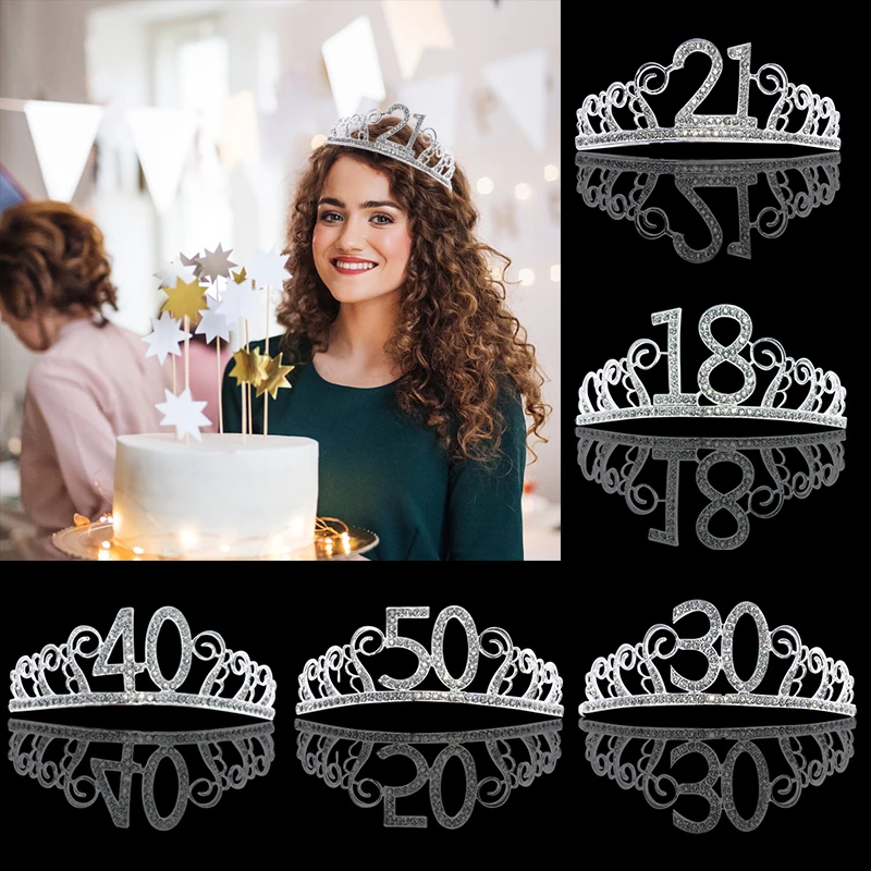 Women Birthday Crown 30th 40th Glitter Crystal Hat For Adult Anniversary Party Prom Diadem Hair Accessories | Дом и сад