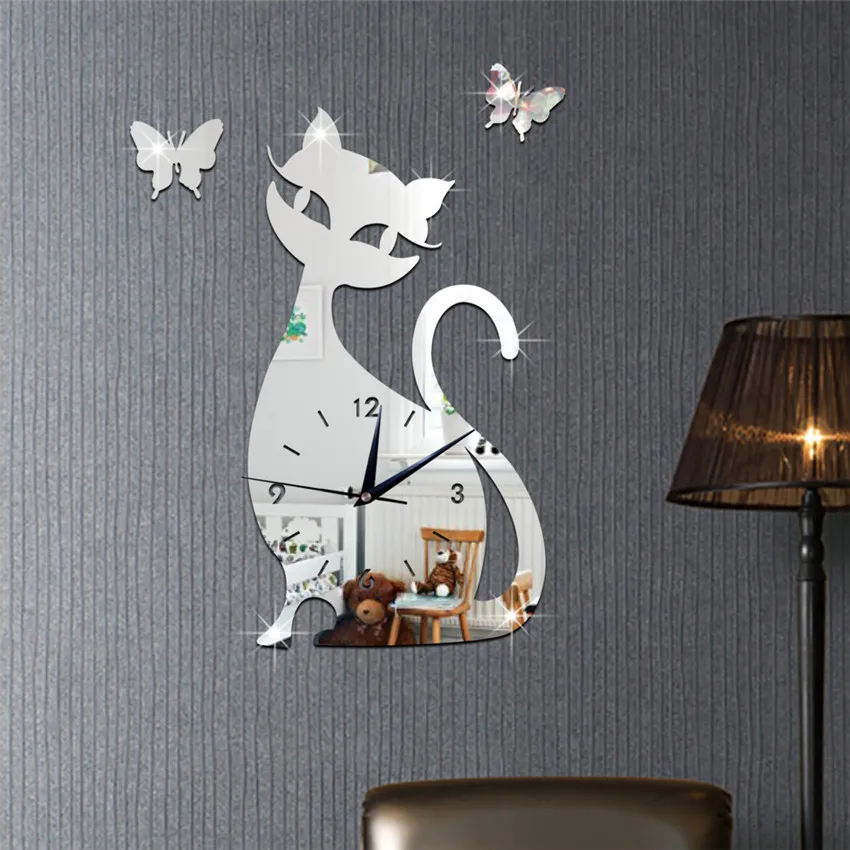 Acrylic Mirror Wall Clock Cartoon Cat Pointer Clock Watch Office Living Room Wall Mounted Clocks Decoration часы настенные