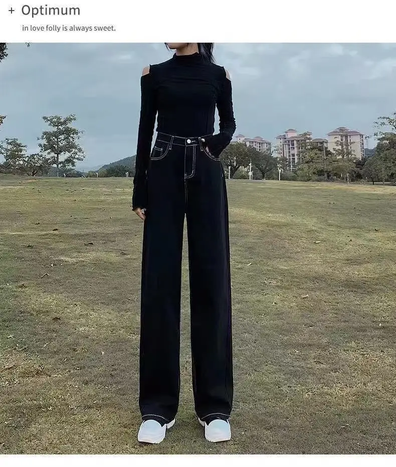 calças de brim femininas simples chique perna larga vintage primavera comprimento total solto cintura alta retro streetwear outono ins