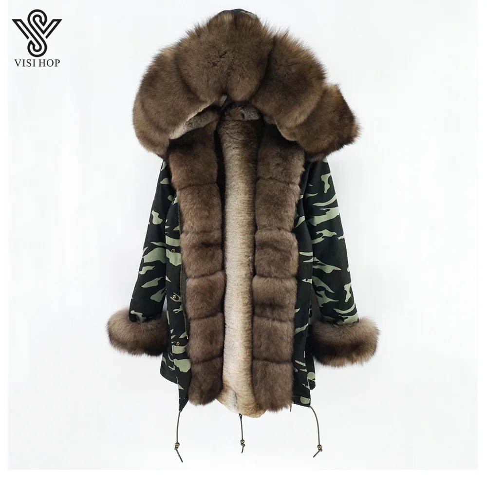 Camouflage Brown Новое поступление парка из натурального Лисьего меха пальто с капюшоном и большим воротником зимняя теплая плотная камуфляжная верхняя одежда VS9103 - Color: Camouflage Brown