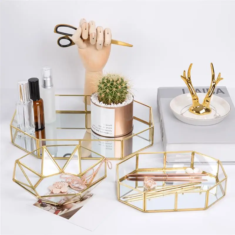 

Bathroom Accessories Shelf Polygon Type Glass Storage Plate Jewelry Organizer Golden Glass Tray Home Decorative Tray Organizer