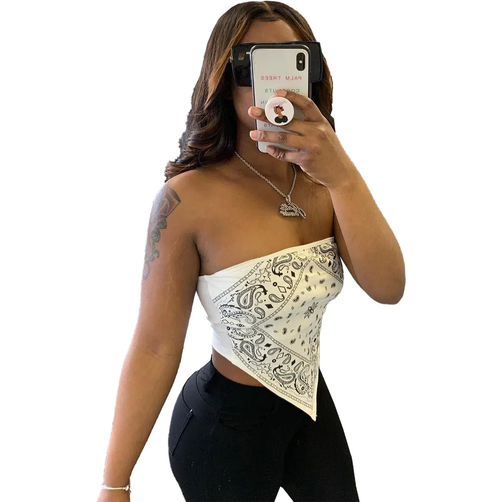 Echoine 2020 Summer  Casual T-Shirts Women Strapless Sleeveless bandana National Print Sexy Tees Night Club Party Slim Crop Tops