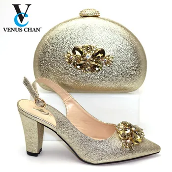 

Latest 2020 Nigerian Design Italian Shoes and Bag Set Pointed Toe African Royal Paty Matching Shoes and Bag in Golden Color