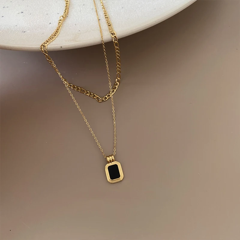 Peri'sBox Double Layered Square Black Shell Necklaces Flat Figaro Chain Necklaces for Women Vintage Titanium Steel Necklace - Image 5