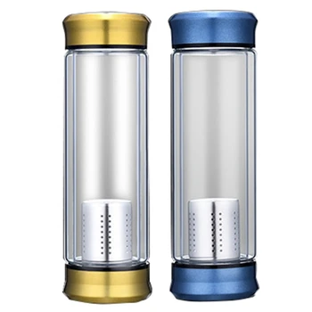 

2pcs 400Ml Glass Water Bottle with Loose Leaf Tea Strainer Tea Infuser Double Wall Glass Bottle Free to Disassemble - Gold & Blu