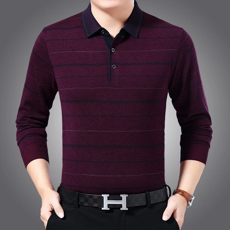 

Мужской свитер, повседневный джемпер в полоску на пуговицах, шерстяная вязаная одежда с отложным воротником, пуловеры с длинными рукавами