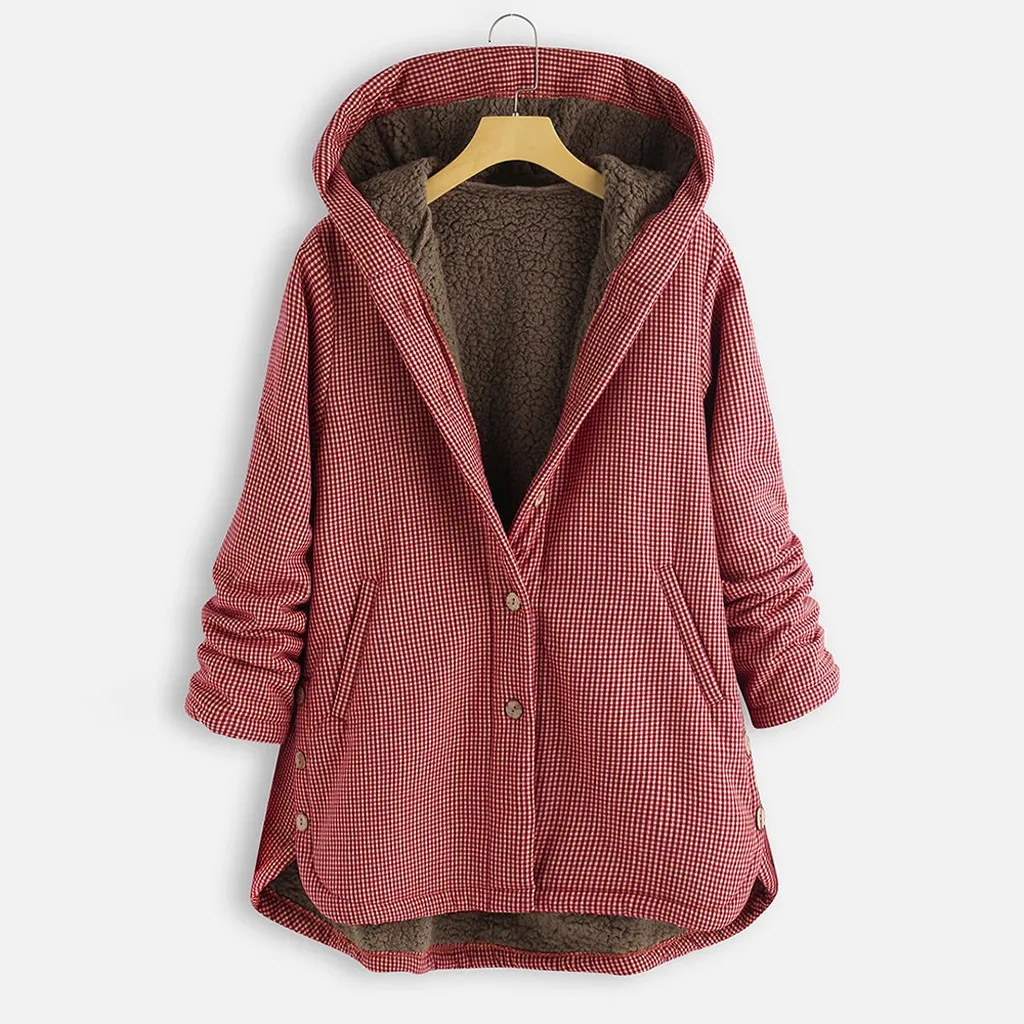 Womail пальто Зимние Модные теплые плюс размер плюшевые винтажные клетчатые Асимметричные пуговицы с капюшоном пальто женские куртки и пальто