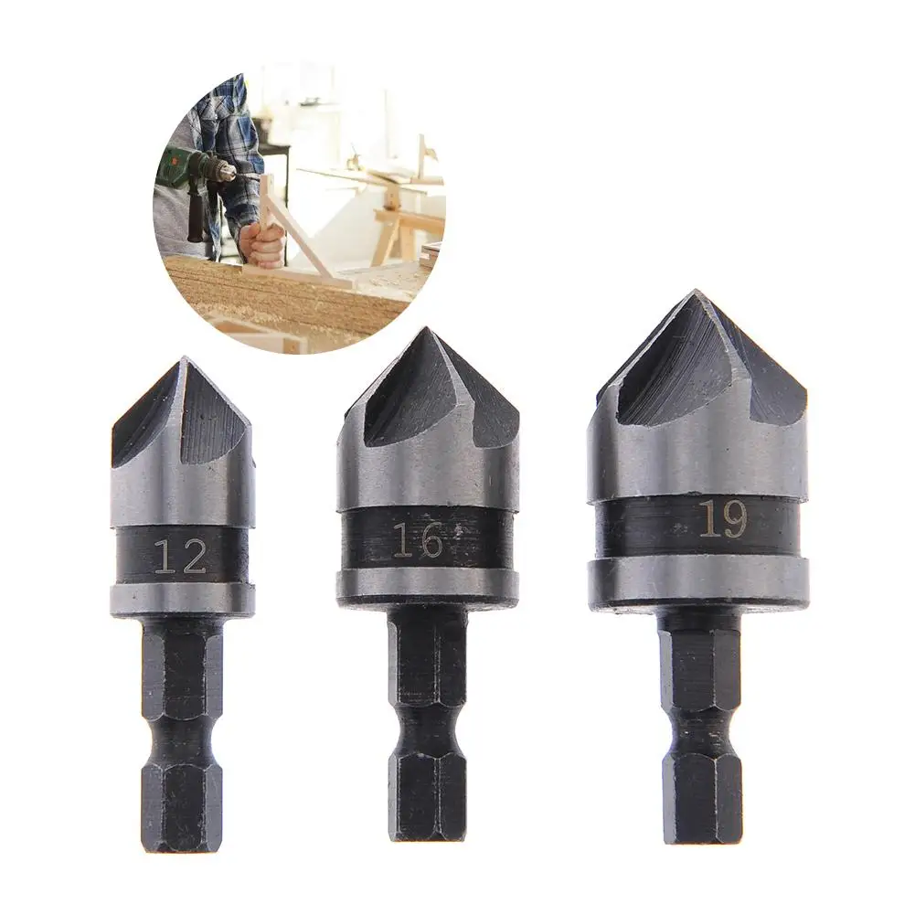 

3PCS Hex Shank Five-blade Chamfering Set Tool With Carbon Steel 90 Degree Round Shank Heat Treatment For Wood Plastic Plate