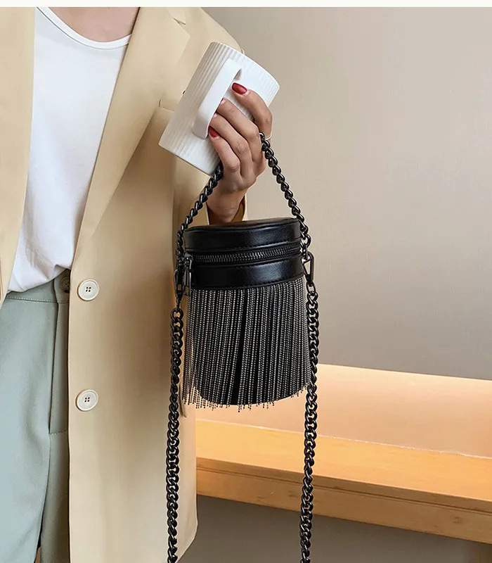 Barrel-shaped ladies hand bag mini Fashion tassel bucket Shoulder