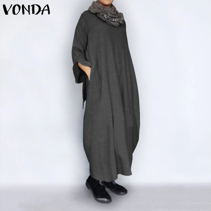 Online VONDA Plus Size Autumn Dress 2019 Spring Vintage Sexy Long Sleeve Party Maxi Long Dress Casual Loose Vestidos Robe Femme S 5XL