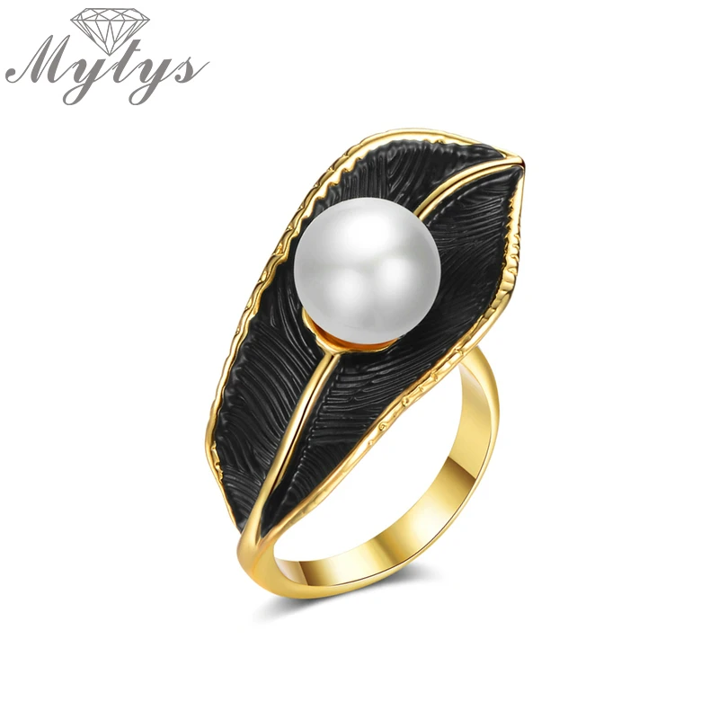 

Mytys Leaf Design Vintage Ring Pearl Embellish Romantic Fashion Ring Gift Unique Design High Quality R2156