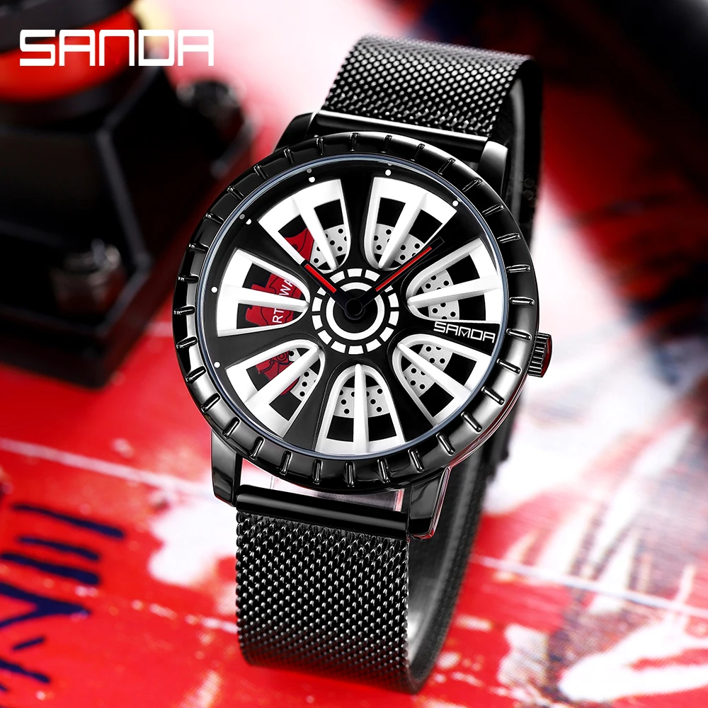 SANDA Men's Watch Car Wheel Relogio Masculino Stainless Steel Watches Fashion Quartz Wristwatch Rim Hub Waterproof Date Male