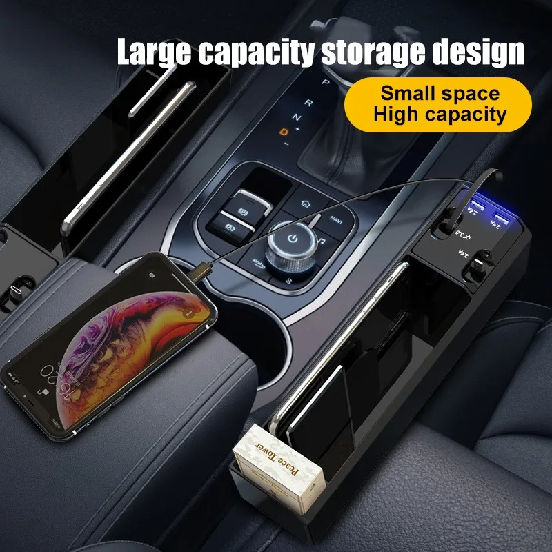 Car Organizer with Charger Cable Car Seat Gap Storage Box with Cable for IOS/Android/Type C Dual USB Port Auto Stowing Tidying