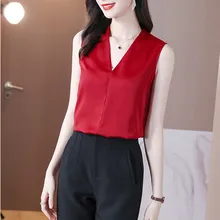 

Satin Women's Elegant Blouse Vintage V-neck Sexy Shirts Basic Sleeveless Fashion Ladies Tops Solid 2022 Summer OL Women Clothing