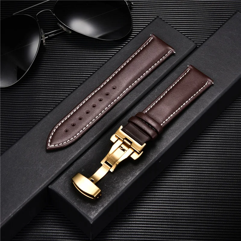 Premium Leather Watchband with Stainless Steel Butterfly Buckle
