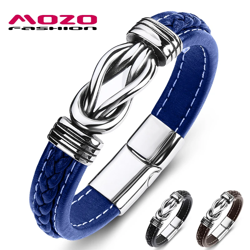 

MOZO FASHION Classic Men's Bracelet Leather Stainless Steel Charm Bracelet Woman's Cross Punk Jewelry Bracelet Gifts Blue 074