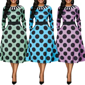

Retro Women Dot Print O Neck Large Swing Waist Tight Midi Dress Dot Print O Neck Large Swing Waist Tight Midi Dress Women
